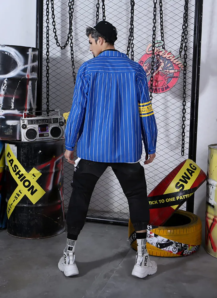 Street Blue Striped Label Print Shirt