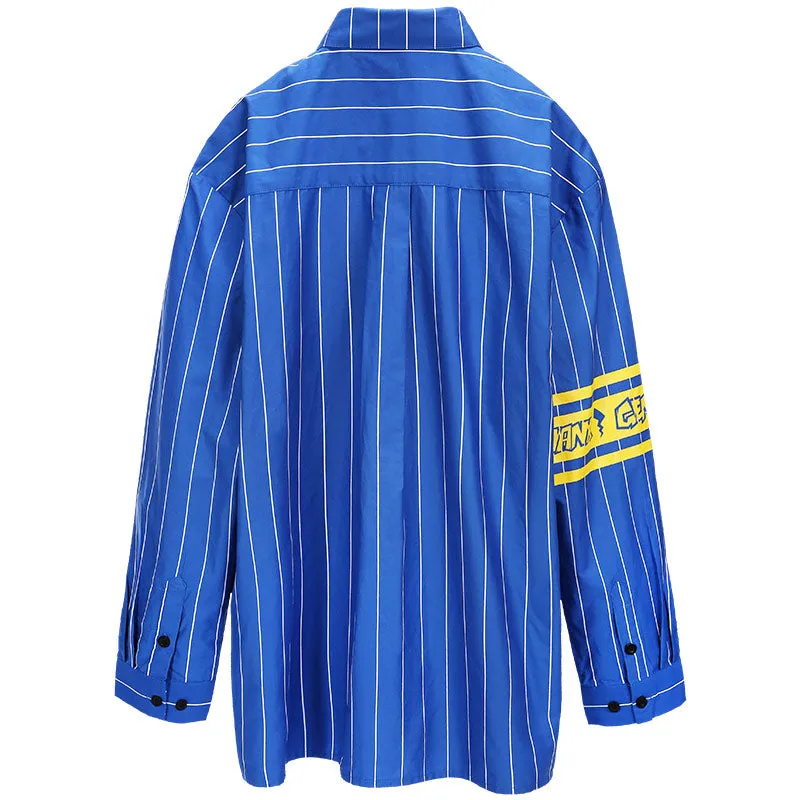 Street Blue Striped Label Print Shirt