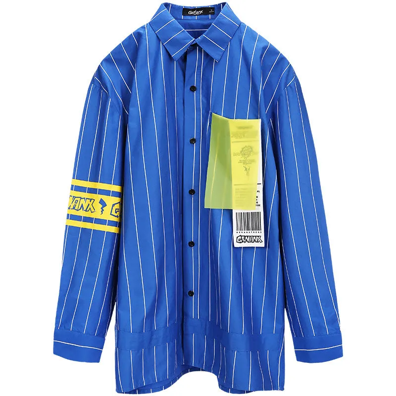 Street Blue Striped Label Print Shirt