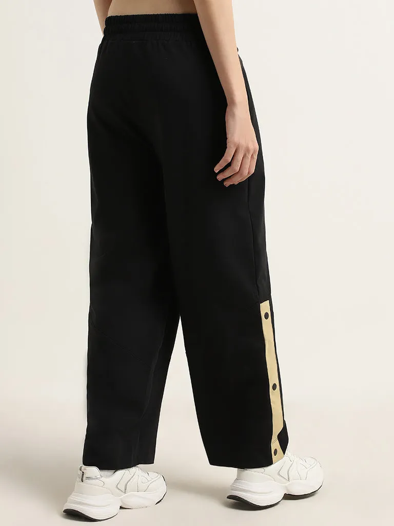 Studiofit Black Striped High-Rise Cotton Track Pants