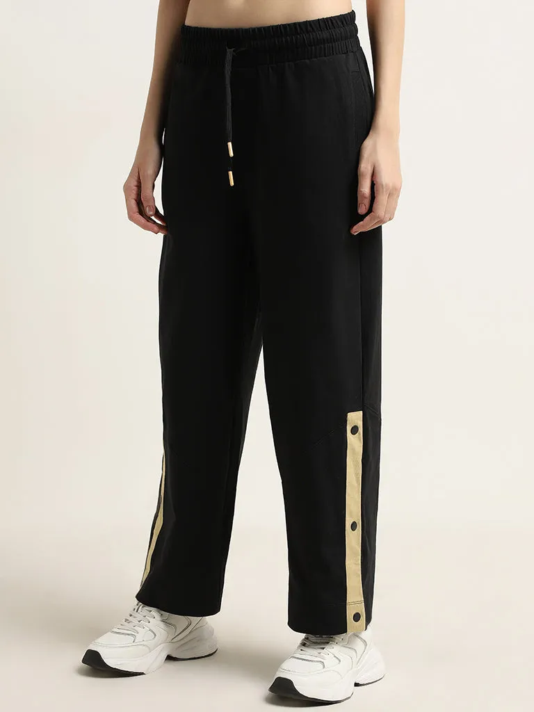 Studiofit Black Striped High-Rise Cotton Track Pants