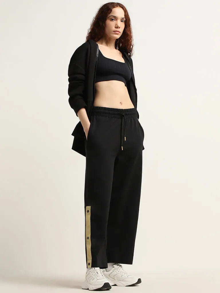 Studiofit Black Striped High-Rise Cotton Track Pants