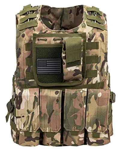 Tactical Plate Carrier Vest with Free US Flag Patch, Mil Spec 1000D Nylon PALS Molle Modular w/ 4 Mag Pouches, Side Pouch, Chest Mag Pouch