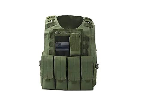 Tactical Plate Carrier Vest with Free US Flag Patch, Mil Spec 1000D Nylon PALS Molle Modular w/ 4 Mag Pouches, Side Pouch, Chest Mag Pouch