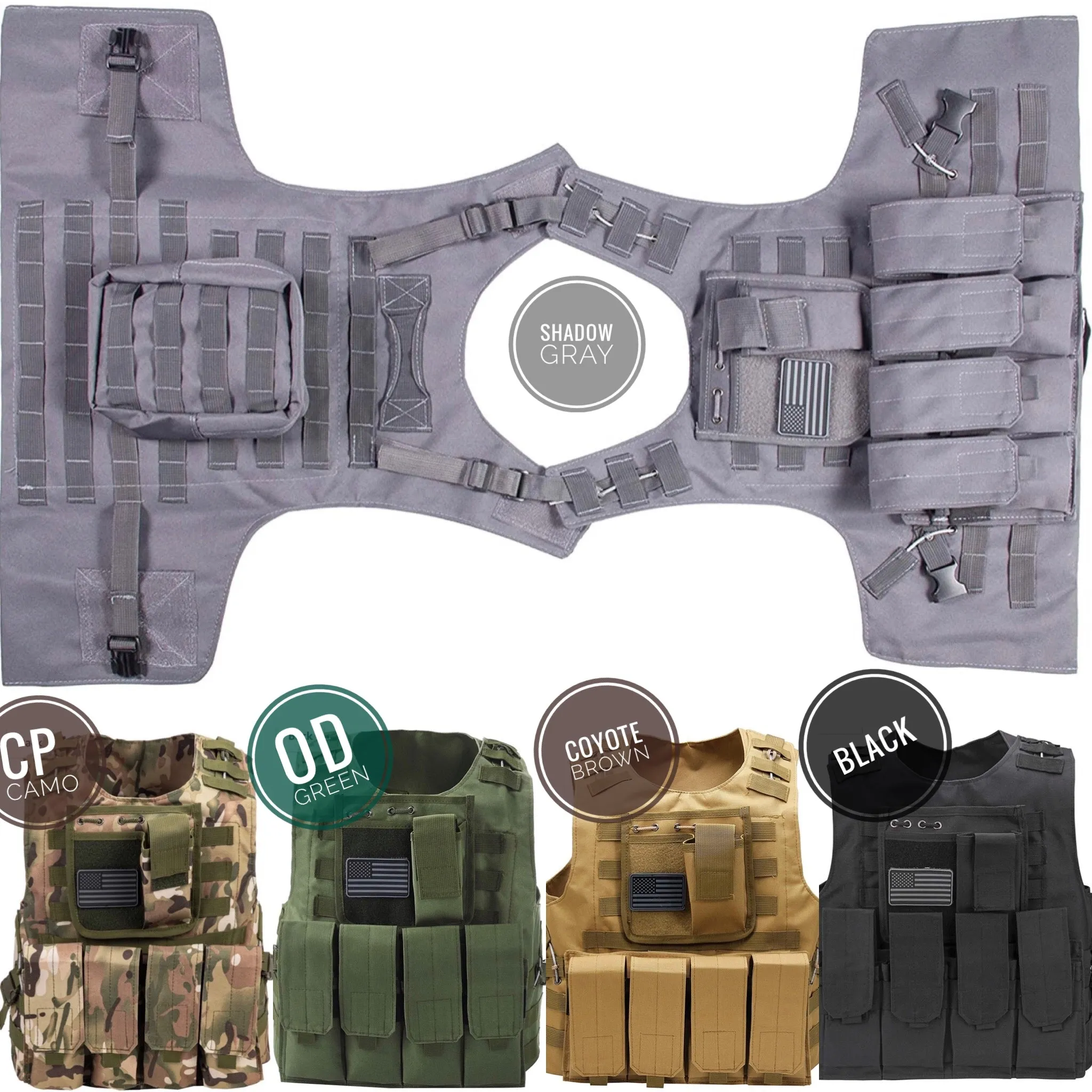 Tactical Plate Carrier Vest with Free US Flag Patch, Mil Spec 1000D Nylon PALS Molle Modular w/ 4 Mag Pouches, Side Pouch, Chest Mag Pouch