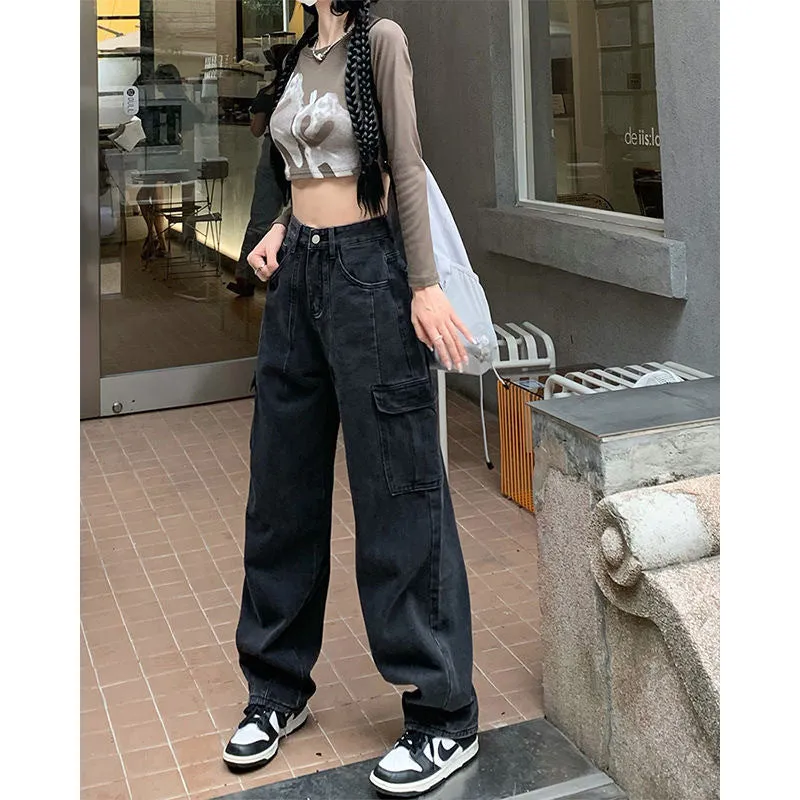 Toleet leapord Winter outfit Plus Size Retro Gray Straight Jeans Women's Street Style Hip Hop High Waist Tooling Wide Leg Pants black