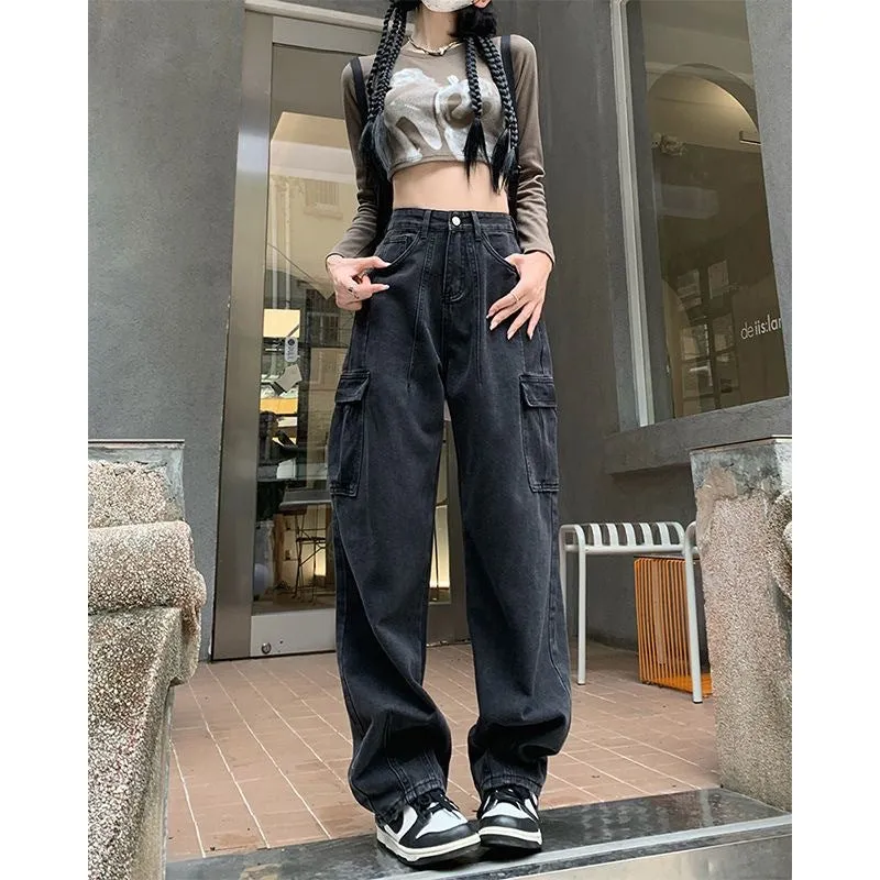 Toleet leapord Winter outfit Plus Size Retro Gray Straight Jeans Women's Street Style Hip Hop High Waist Tooling Wide Leg Pants black