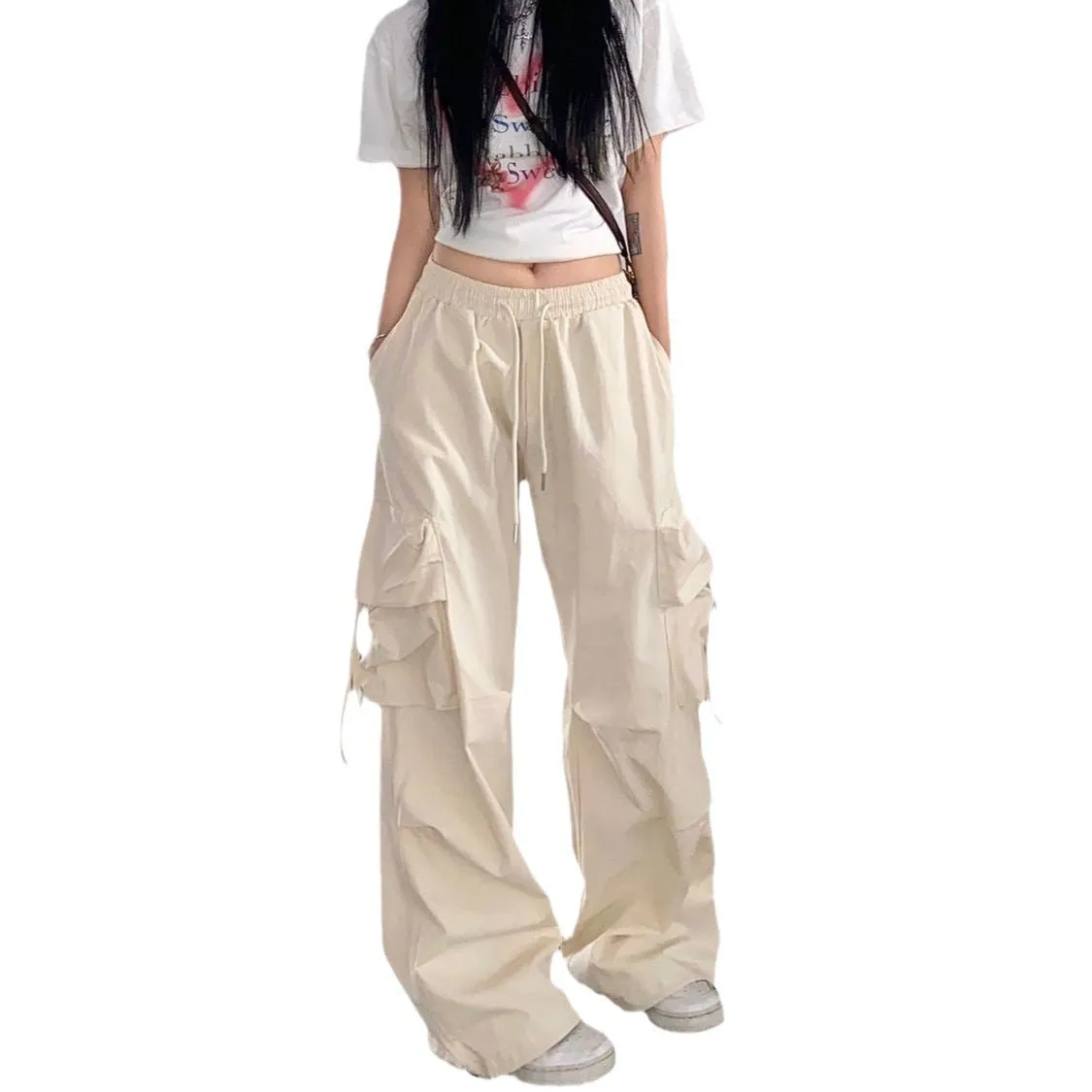 Toleet outfit ideas for school Fall street style Retro Straight Wide-Leg Pants Large Pocket Hip Hop Street Casual Pants White