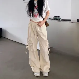 Toleet outfit ideas for school Fall street style Retro Straight Wide-Leg Pants Large Pocket Hip Hop Street Casual Pants White