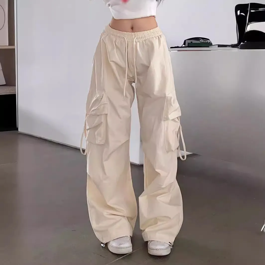 Toleet outfit ideas for school Fall street style Retro Straight Wide-Leg Pants Large Pocket Hip Hop Street Casual Pants White