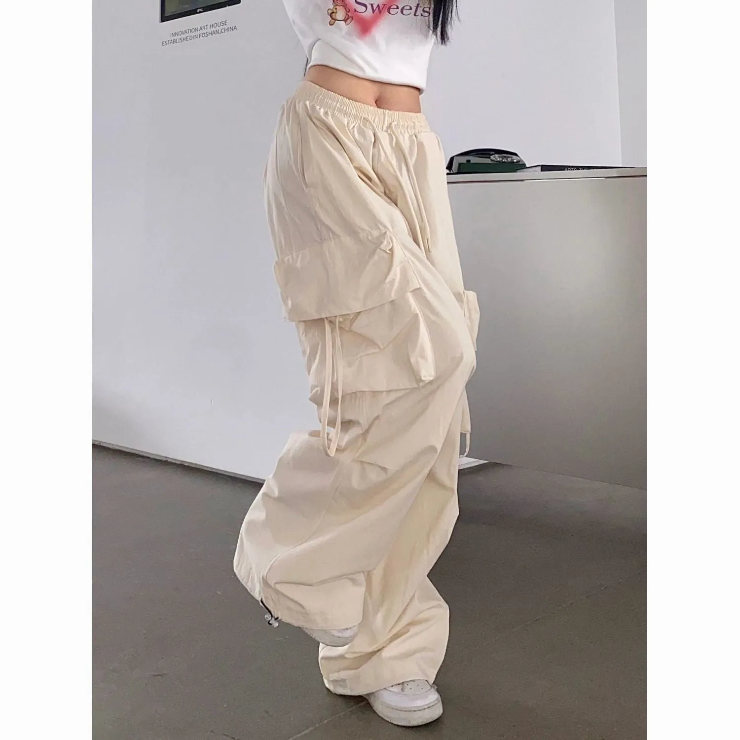 Toleet outfit ideas for school Fall street style Retro Straight Wide-Leg Pants Large Pocket Hip Hop Street Casual Pants White