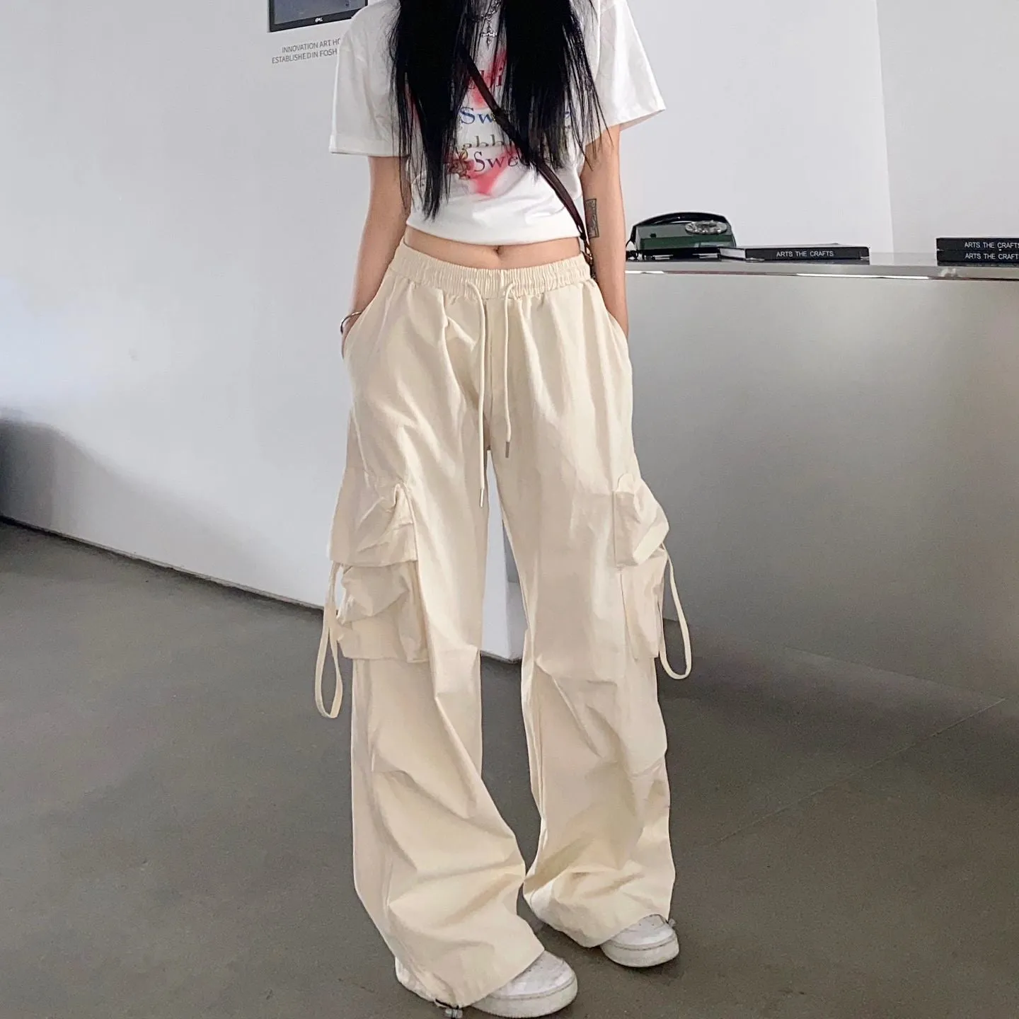 Toleet outfit ideas for school Fall street style Retro Straight Wide-Leg Pants Large Pocket Hip Hop Street Casual Pants White