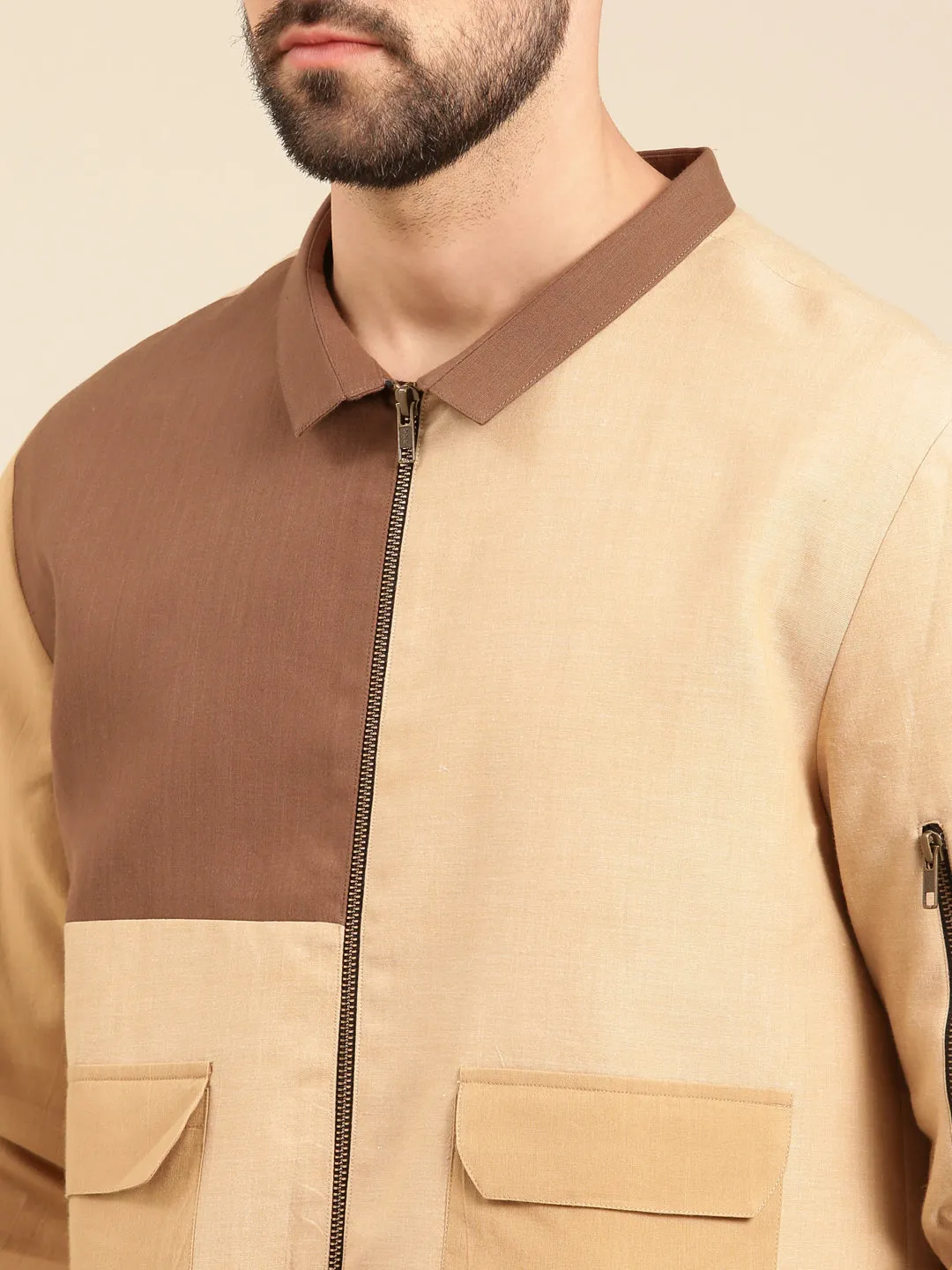 Tri Color Beige Khaki Cotton Bomber Jacket - MMBJ023