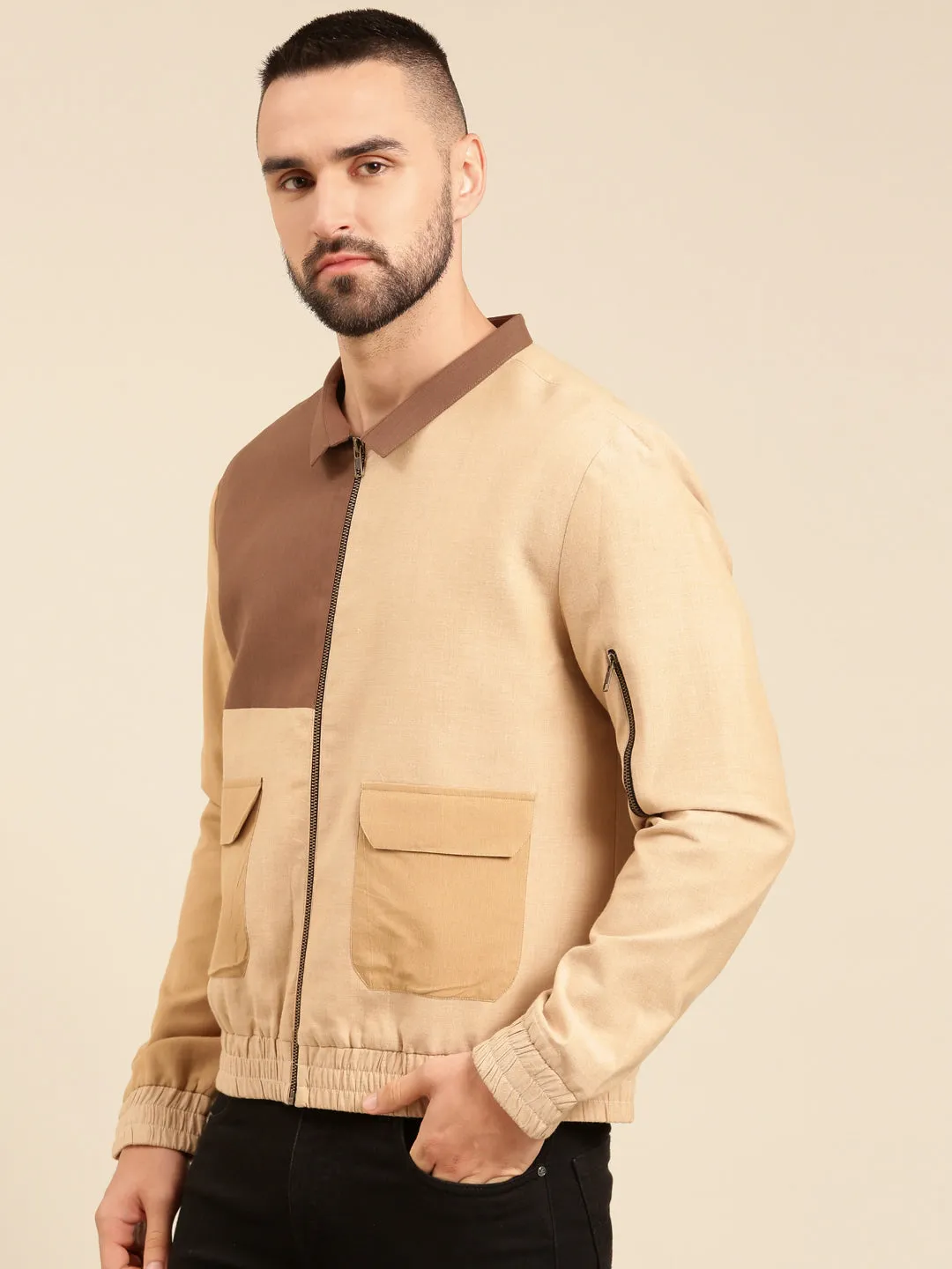 Tri Color Beige Khaki Cotton Bomber Jacket - MMBJ023