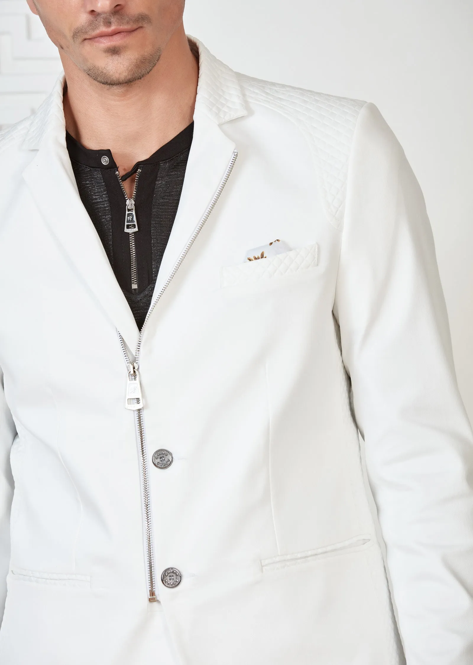 White Quilted Zipper Blazer