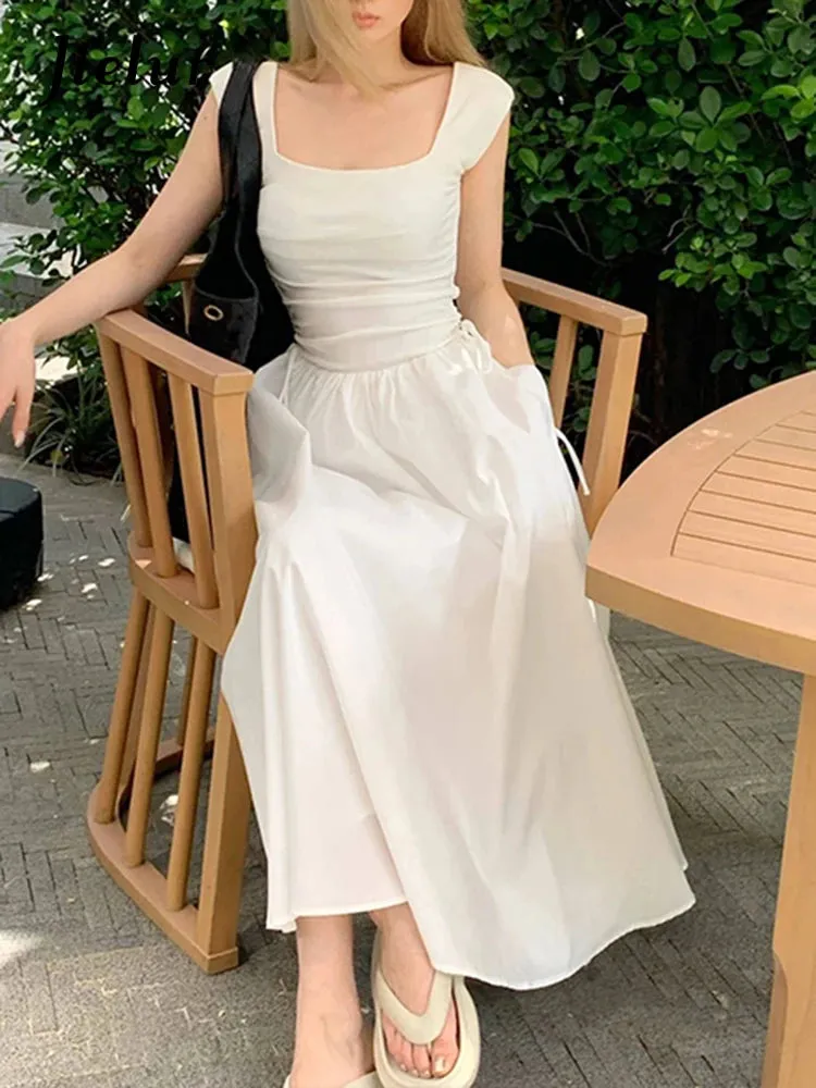 White Square Neck Elegant Chiffon Women's Dresses French Style Pure Color Ruffles Dress Summer Sleeveless Simple Dresses