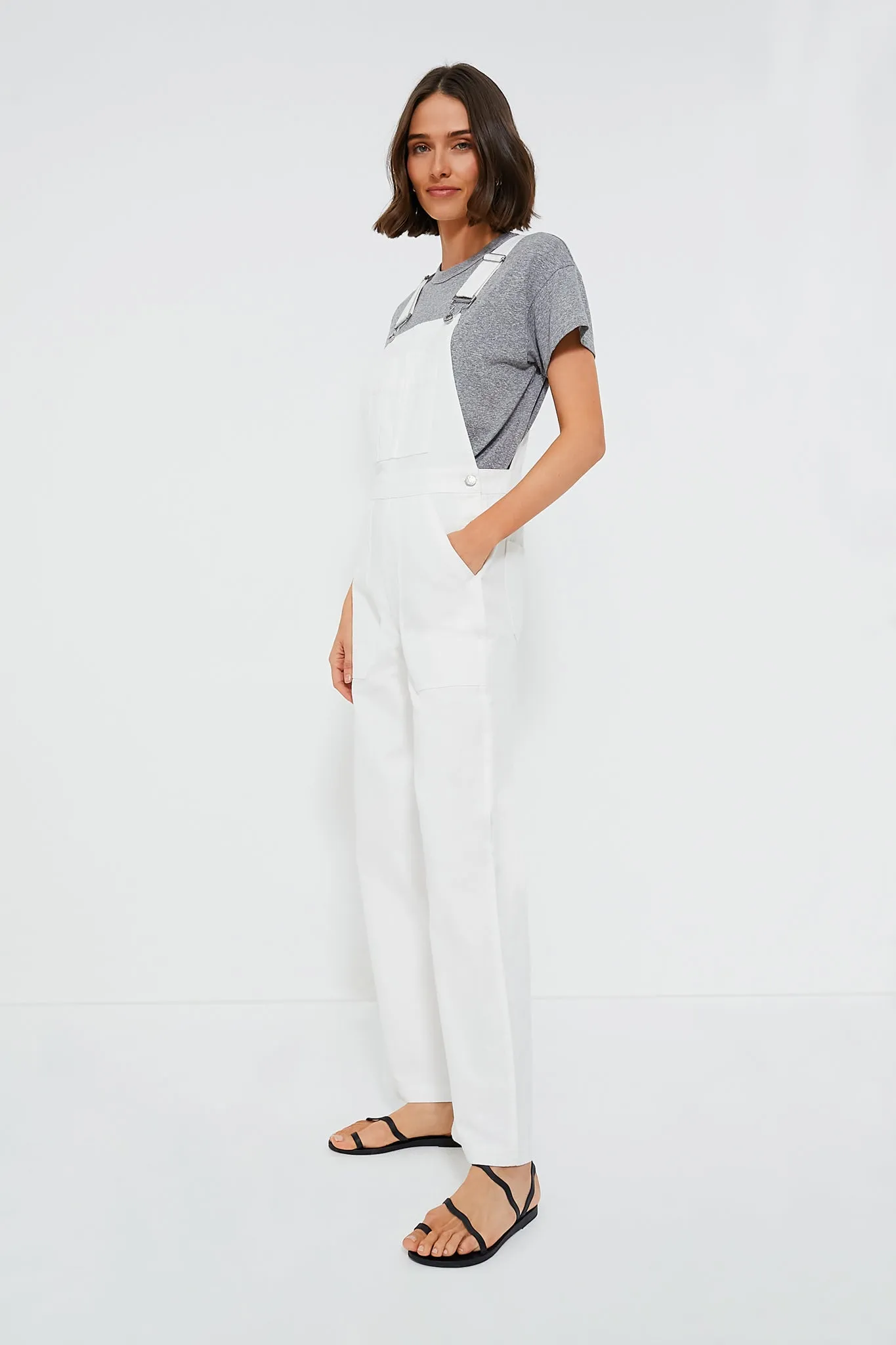 White Straight Leg Denim Overalls