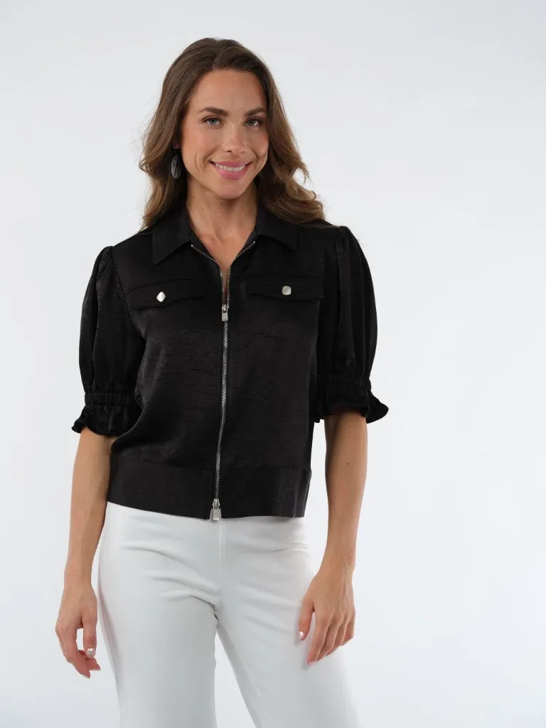 Women's Short Sleeve Zip Front Jacket Silky Satin - "Hayes"