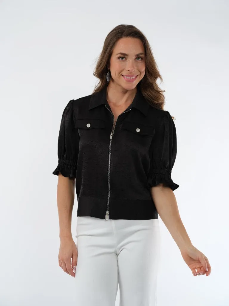 Women's Short Sleeve Zip Front Jacket Silky Satin - "Hayes"